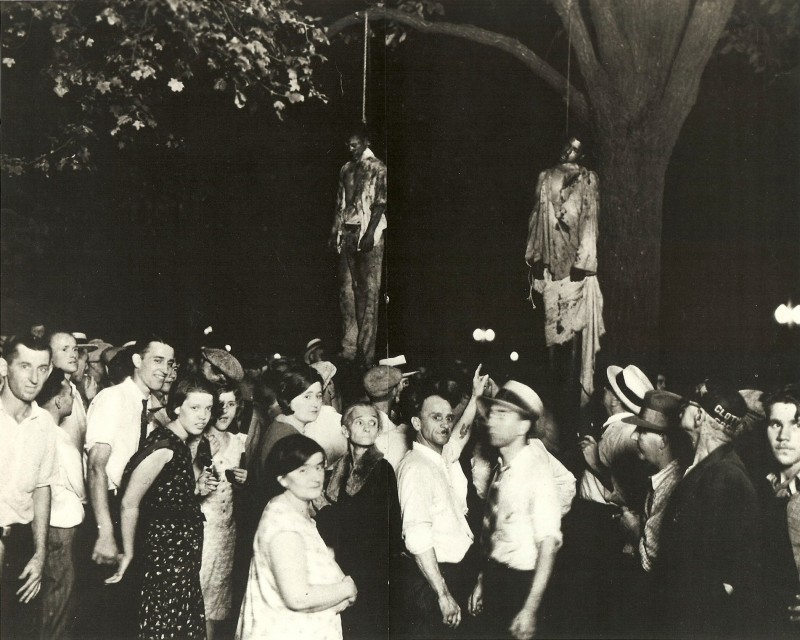 Souvenir Portrait of the Lynching of Abram Smith and Thomas Shipp, August 7, 1930, by studio photographer Lawrence Beitler. Courtesy of the Indiana Hisorical Society.