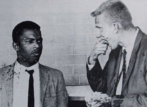 John Lewis (l) and Jim Zwerg after being beaten on a Freedom Ride in Alabama in 1964. Lewis, a founder of the Student Nonviolent Coordinating Committee (SNCC), later became a long-serving Member of Congress from Georgia.