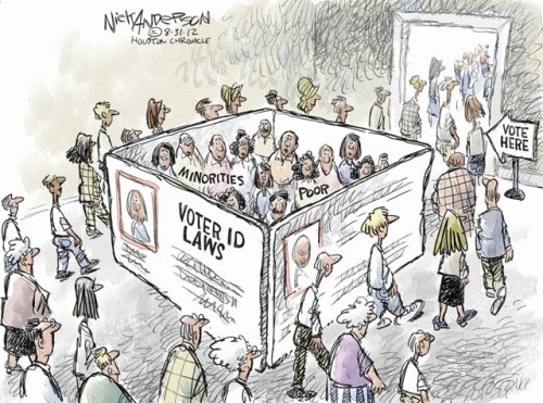 In the 2012 presidential election, there were many largely unsuccessful attempts to disenfranchise minority voters. These included new requirements for voters to have special identification cards, as well as restricting early voting times that aid working class people.