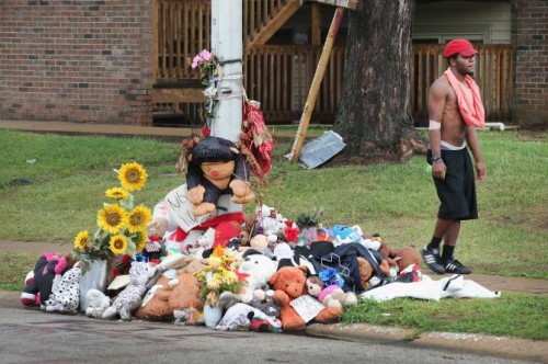 A rain-soaked memorial on Sept. 10, 2014, at the location in Ferguson, Mo., where teenager Michael Brown was shot and killed by police Officer Darren Wilson in August. 
SCOTT OLSON/GETTY IMAGES