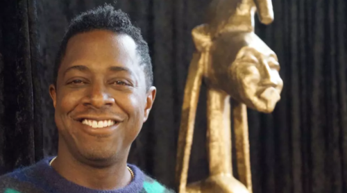 Seated Warrior & Sanford Biggers Sculptor Sanford Biggers and his work BAM (Seated Warrior). a gift to ABHM.
