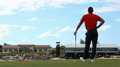 Tiger-Woods- Tiger Woods waits to hit his approach shot on the 18th hole during the final round of the Hero World Challenge at Albany on Dec. 7, 2019, in Nassau, Bahamas. Mike Ehrmann/Getty Images