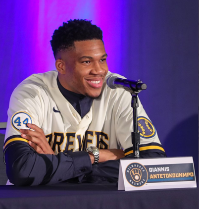 Giannis Brewers Giannis Antetokounmpo at the Milwaukee Brewers Media Event. Photo credit: Giannis Antetokounmpo Twitter page