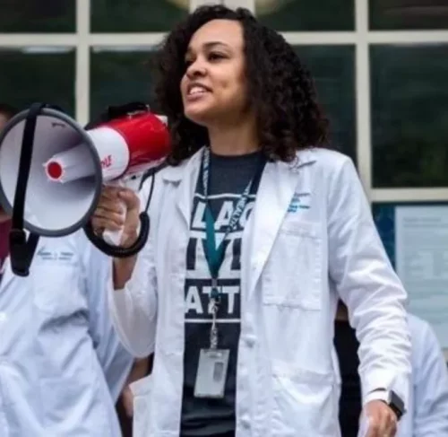 The author delivering the keynote speech at a Yale School of Medicine White Coats for Black Lives demonstration.COURTESY OF AMANDA J. CALHOUN