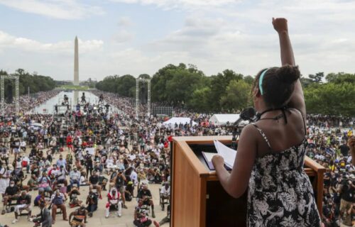 Yolanda Renee King, granddaughter of The Rev. Martin Luther King Jr., raises her fist as she speaks during the March on Washington, on the 57th anniversary of the Rev. Martin Luther King Jr.’s “I Have a Dream” speech on Aug. 28, 2020. (Jonathan Ernst/Pool Photo via AP, File)