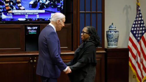 U.S. President Joe Biden congratulates Ketanji Brown Jackson moments after the U.S. Senate confirmed her to be the first Black woman to be a justice on the Supreme Court in the Roosevelt Room at the White House on April 07, 2022 in Washington, DC. (Photo by Chip Somodevilla/Getty Images)