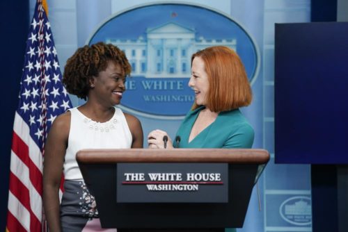 White House press secretary Jen Psaki talks about incoming press secretary Karine Jean-Pierre during a press briefing at the White House, Thursday, May 5, 2022, in Washington. (AP Photo/Evan Vucci)