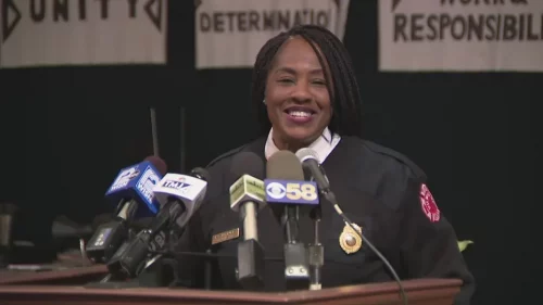 Milwaukee Fire Chief Aaron Lipski on Friday, April 29 formally appointed Deputy Chief Sharon Purifoy-Smoots for the position of assistant chief. (Fox6 Milwaukee)