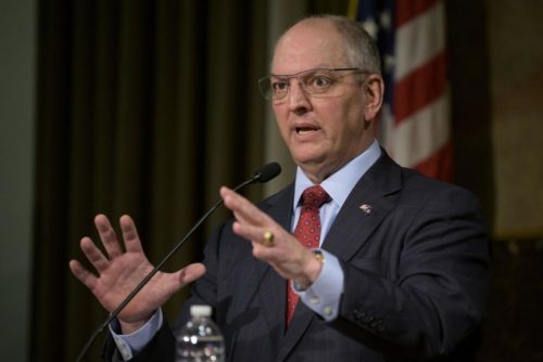  Louisiana Gov. John Bel Edwards during a news conference in February (AP Photo/Matthew Hinton)