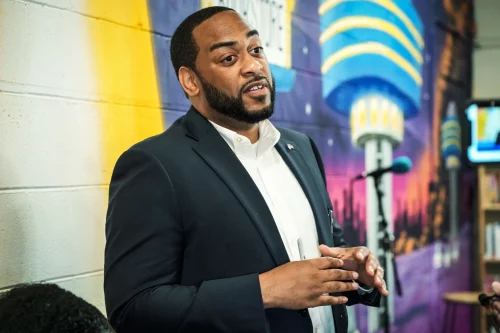 Kentucky Senate candidate Charles Booker speaks at an event for his memoir in April ‎2022. (Piper Hudspeth Blackburn / AP)