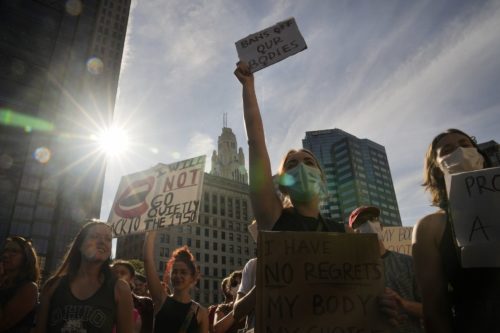 Protesters gathered in Columbus, Ohio, in support of abortion rights after the Supreme Court ruling on Friday. (BARBARA J. PERENIC/THE COLUMBUS DISPATCH/AP)