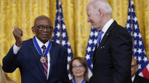 President Joe Biden awards the nation's highest civilian honor, the Presidential Medal of Freedom, to Fred Gray during a ceremony in the East Room of the White House in Washington, Thursday, July 7, 2022. (AP Photo/Susan Walsh)