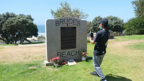 A Bruce's Beach monument was erected on the property in April 2021 (Dean Musgrove/The Orange County Register via AP, File)