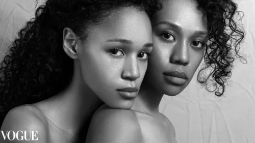 Evangeline, left, and Linda Charlie posing for an editorial photo published online in PhotoVogue. (Submitted by Katherine Kingston)