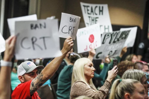 Critical race theory was the topic of a school board meeting in Yorba Linda, Calif, in Nov. (Robert Gauthier / Los Angeles Times via Getty Images file)