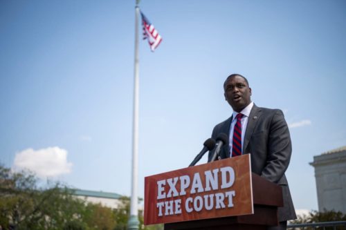 Rep. Mondaire Jones, D-N.Y., speaks during a news conference outside the Supreme Court in 2021. (Caroline Brehman/CQ-Roll Call, Inc via Getty Images)
