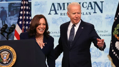 President Joe Biden and Vice President Kamala Harris in the Eisenhower Executive Office Building on July 15, 2021. (Photo by Chip Somodevilla/Getty Images)