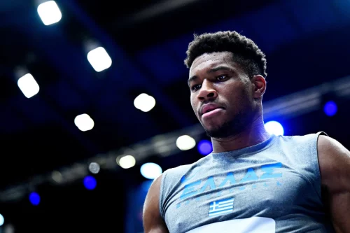 Giannis Antetokounmpo looks on during a FIBA EuroBasket game in Milan on Sept. 8, 2022. (Mattia Ozbot / Getty Images file)