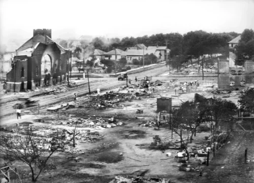 Burned remains of the Greenwood District after the Tulsa Race Massacre in Tulsa, Okla., in June 1921. (GHI/Universal History Archive/Universal Images Group via Getty Images file)