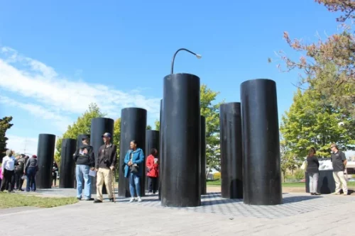 Visitors at the African America Veterans Monument in Buffalo, N.Y. (Buffalo and Erie County Naval and Military Park)