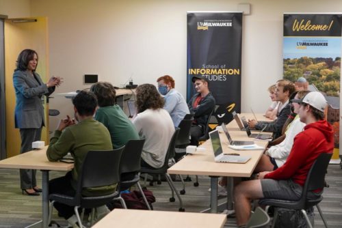 Vice President Kamala Harris talks to students in a political science class on the campus of the University of Wisconsin Milwaukee Thursday, Sept. 22, 2022, in Milwaukee. (AP Photo/Morry Gash)