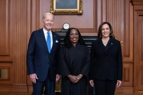 President Joe Biden, Jr., Vice President Kamala Harris, and Justice Ketanji Brown Jackson prior to the investiture ceremony on Sept. 30, 2022. (Fred Schilling / Collection of the Supreme Court of the United States)