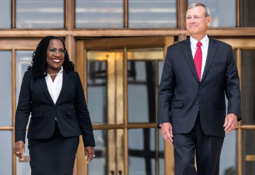 Justice Ketanji Brown Jackson and Chief Justice John Roberts after her investiture ceremony Friday. (Saul Loeb / AFP - Getty Images)