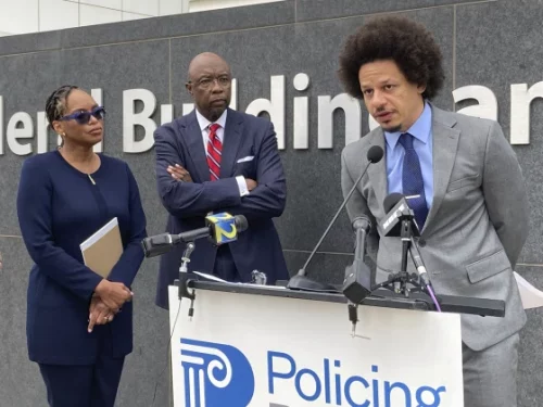 Comedian Eric André at a news conference outside the federal courthouse in Atlanta, on Oct. 11, 2022. (Kate Brumback / AP)