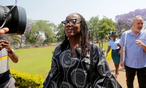 Tsitsi Dangarembga arrives for her trial in Harare. (Aaron Ufumeli/EPA)