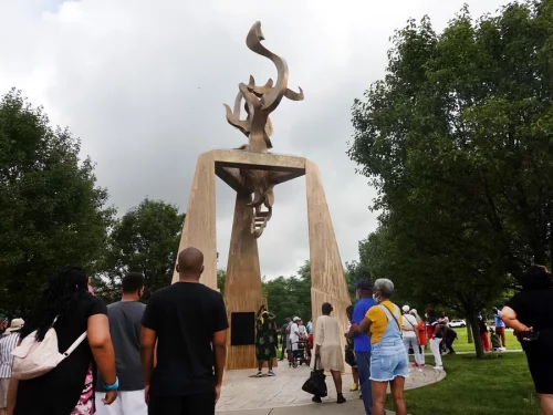 A ceremony to dedicate a monument to Ida B. Wells is held on June 30, 2021 in the Bronzeville neighborhood of Chicago. (Scott Olson/Getty Images)