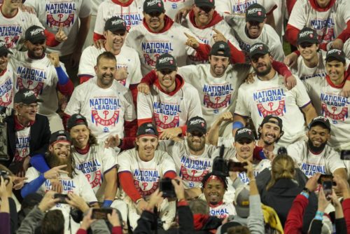 Philadelphia Phillies celebrate after winning the baseball NL Championship Series in Game 5 against the San Diego Padres on Sunday, Oct. 23, 2022, in Philadelphia. (AP Photo/Matt Rourke)