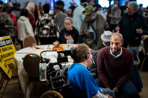 Mandela Barnes greets attendees at an event on Oct. 19 in Milwaukee. (Kent Nishimura/Los Angeles Times)