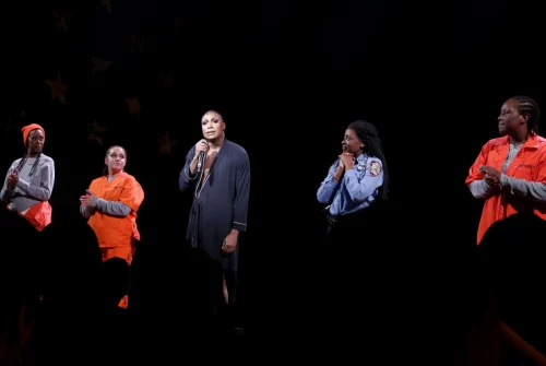 From left, Fedna Jacquet, Shannon Matesky, Jordan E. Cooper, Ebony Marshall-Oliver and Crystal Lucas-Perry during the opening night curtain call for "Ain't No Mo'" on Broadway in New York City, on Dec. 1. (Bruce Glikas / WireImage)