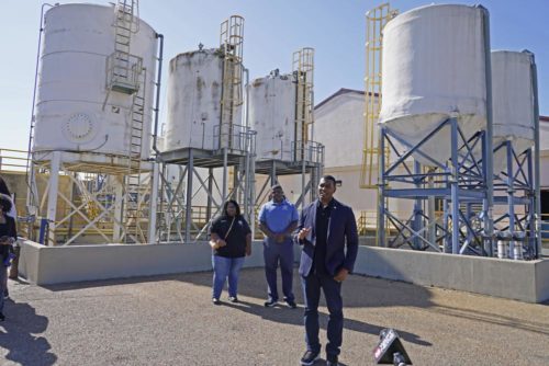 EPA Administrator Michael Regan, right, speaks to reporters at the O.B. Curtis Water Treatment Plant, a Ridgeland, Miss.-based facility near Jackson, Miss., about longstanding water issues that have plagued the city, Nov. 15, 2021. (AP Photo/Rogelio V. Solis, File)