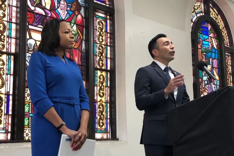 Assistant Attorney General of the U.S. Department of Justice's Civil Rights Division Kristen Clarke, left, and United States Attorney Martin Estrada