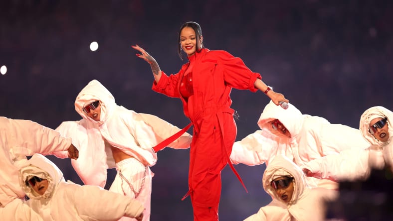 Rihanna performs onstage during the Super Bowl LVII Halftime Show