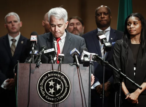 Shelby County District Attorney Steve Mulroy during a press conference on Thursday after five fired Memphis Police Officers were charged in the murder of Black motorist (Tyre Nichols.Mark Weber / AP)