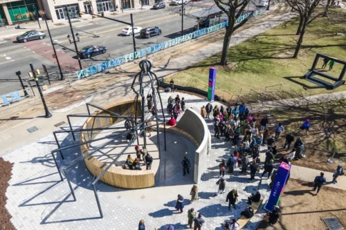 The new Harriet Tubman monument, titled "Shadow of a Face," by architect Nina Cooke John, stands in Newark, N.J., on March 9, 2023. (Ted Shaffrey / AP)