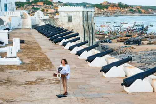 Vice President Kamala Harris delivered what officials said were unscripted remarks at Cape Coast Castle, a former slave port, in Ghana on Tuesday.Credit...Jessica Sarkodie for The New York Times