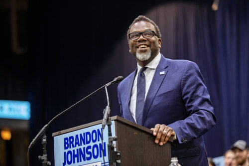 Image: Bernie Sanders Rallies For Mayoral Candidate In Chicago CHICAGO, IL - MARCH 30: Progressive mayoral candidate Brandon Johnson speaks to supporters during a rally at the UIC Forum on March 30, 2023 in Chicago, Illinois. Johnson is set for a runoff against Paul Vallas on April 4th 2023 for the next Mayor of Chicago. (Photo by Jim Vondruska/Getty Images)