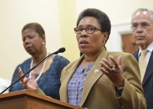 U.S. Housing and Development Secretary Marcia Fudge speaks at a podium (Freddie Allen/NNPA)