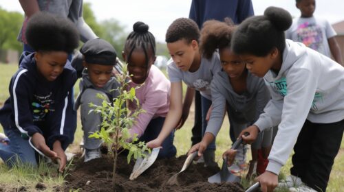 middle_shool_children_planting_elm_tree Middle school children planting a tree.