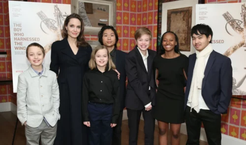 Angelina Jolie with her children, Knox, Vivienne, Pax, Shiloh, Zahara and Maddox. (Monica Schipper / Getty Images for Netflix)