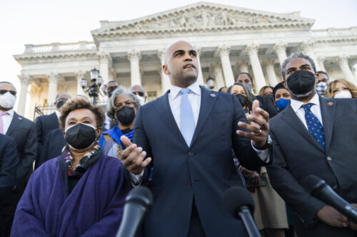 UNITED STATES - FEBRUARY 8: Rep. Colin Allred, D-Texas, and members of the Congressional Black Caucus address the media on the House steps of the U.S. Capitol about alleged verbal abuse by Rep. Harold Rogers, R-K.Y., toward Rep. Joyce Beatty, D-Ohio, on Tuesday, February 8, 2022. (Tom Williams/CQ-Roll Call, Inc via Getty Images)