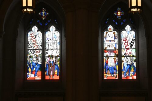 This image has an empty alt attribute; its file name is stained-glass-800x533.png
[...] The windows fill the space that once held windows honoring Confederate Gens. Robert E. Lee and Stonewall Jackson. The new windows, titled "Now and Forever," are based on a design by artist Kerry James Marshall. Stained glass artisan Andrew Goldkuhle crafted the windows based on that design. (Nick Wasse/AP Photo)