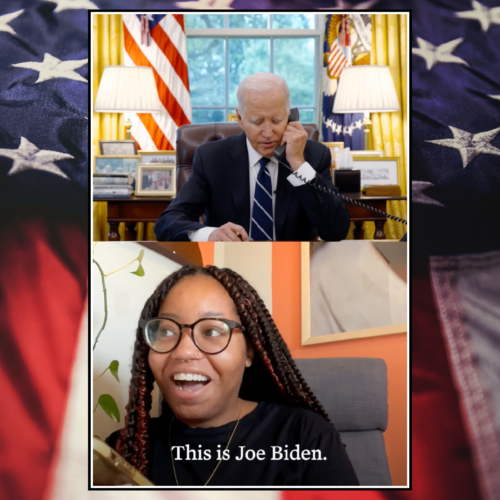 President Biden speaks to a young woman named Diana about her interest in climate change ( Illustration by Liz Courquet-Lesaulnier/Screenshot White House)