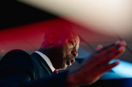 Tim Scott speak to media after the third Republican presidential primary debate at the Adrienne Arsht Center for the Performing Arts in Miami, Florida, on Wednesday, November 8, 2023. (Shuran Huang for NBC News)