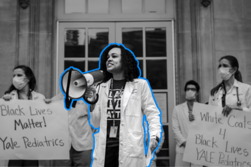 Amanda Joy Calhoun speaks at a Black Lives Matter protest of medical professionals. (AHMET ESAT IMAL, MD.)