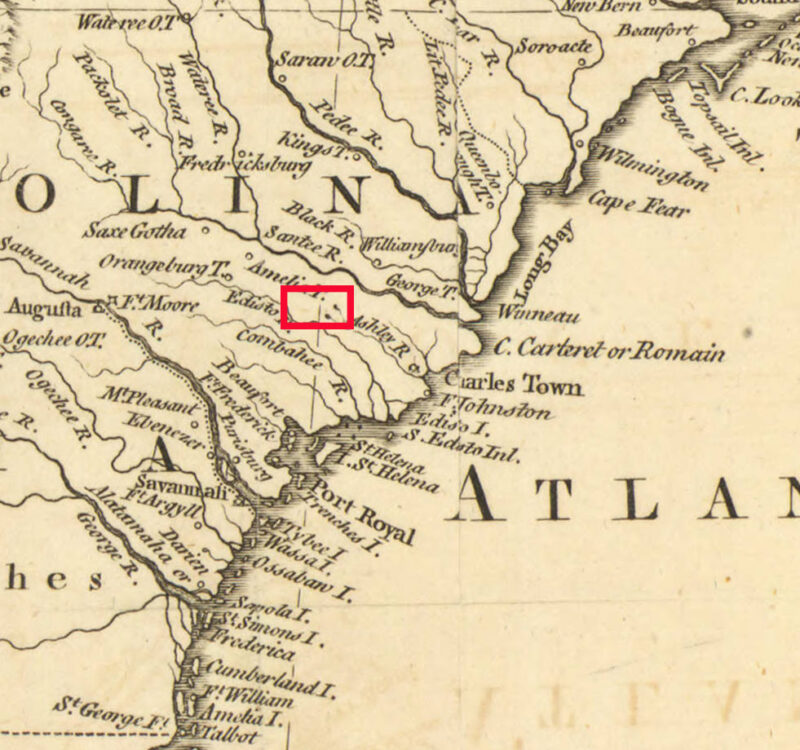 Detail of a map of South Carolina with Beach Hill identified. 1755.