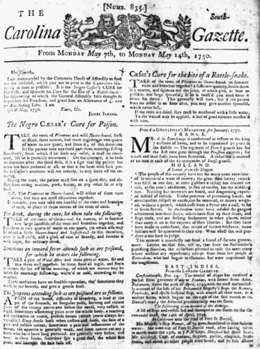 Caesar’s cures on the front page of The South Carolina Gazette.